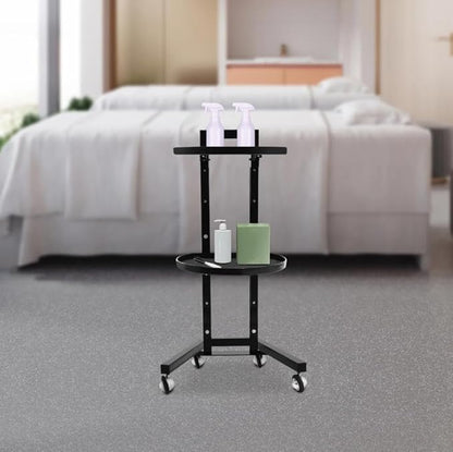 2 Tiers Movable Adjustable Salon Tray Station Hairdressing Service Salon Trolley W Accessory Black with 4 Universal Wheels