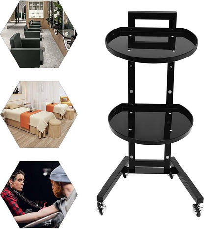 2 Tiers Movable Adjustable Salon Tray Station Hairdressing Service Salon Trolley W Accessory Black with 4 Universal Wheels