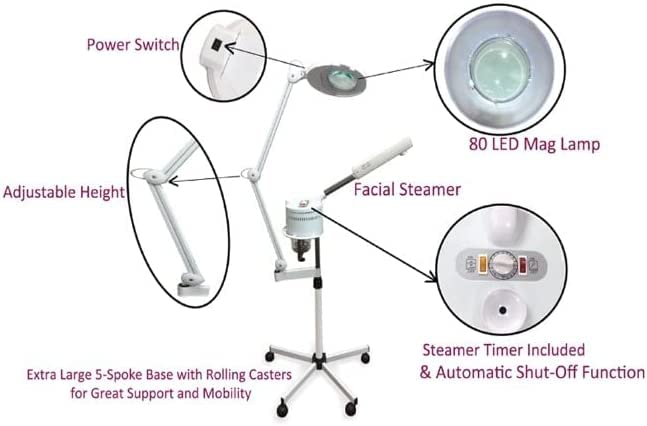 Facial Steamer with 5X Magnifying Lamp, 2 in 1 LED with Rolling Wheel Stand Magnifying Floor LED Light for Professional Facial Skincare Beauty Salon Spa Manicure Makeup