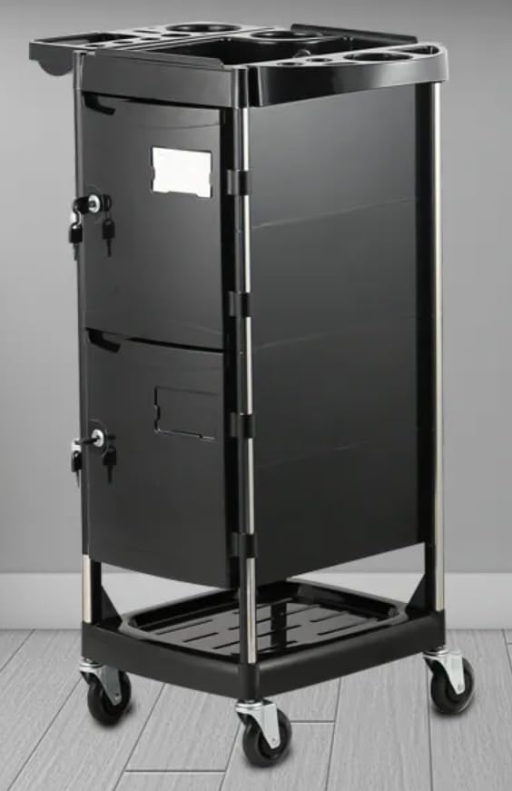 Professional Rolling Beauty Salon Trolley Cart, Lockable Styling Station with 2 Doors, Storage Cabinet, Hair Dryer Holder