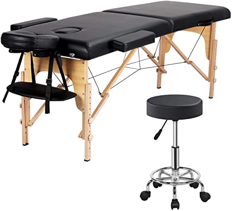 LA PERLA TECH 2 Folding Massage Table With-Carry Case-with Rolling Stool Portable Massage -Spa-Therapy Table/Headrest & Armrest Black with Stool Adjustable Swivel Salon Chair Massage