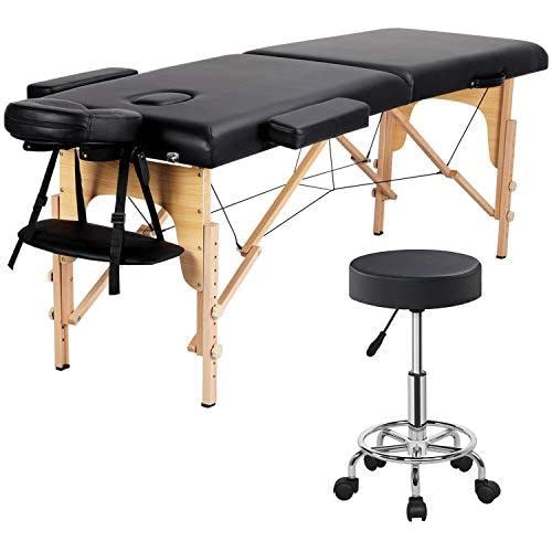 LA PERLA TECH 2 Folding Massage Table With-Carry Case-with Rolling Stool Portable Massage -Spa-Therapy Table/Headrest & Armrest Black with Stool Adjustable Swivel Salon Chair Massage