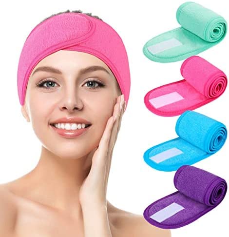 4 Headband, Adjustable Spa Facial Headbands Terry Cloth Stretch Make Up Wrap for Face Washing, Shower, Facial Mask, Yoga, Sport Headband with Magic Tape