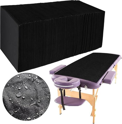 50 PICS Disposable Massage Table Sheets, Spa Bed Cover Non-woven Fabric, Spa Covers for Esthetician, Waxing, Lash Salon Table BLACK