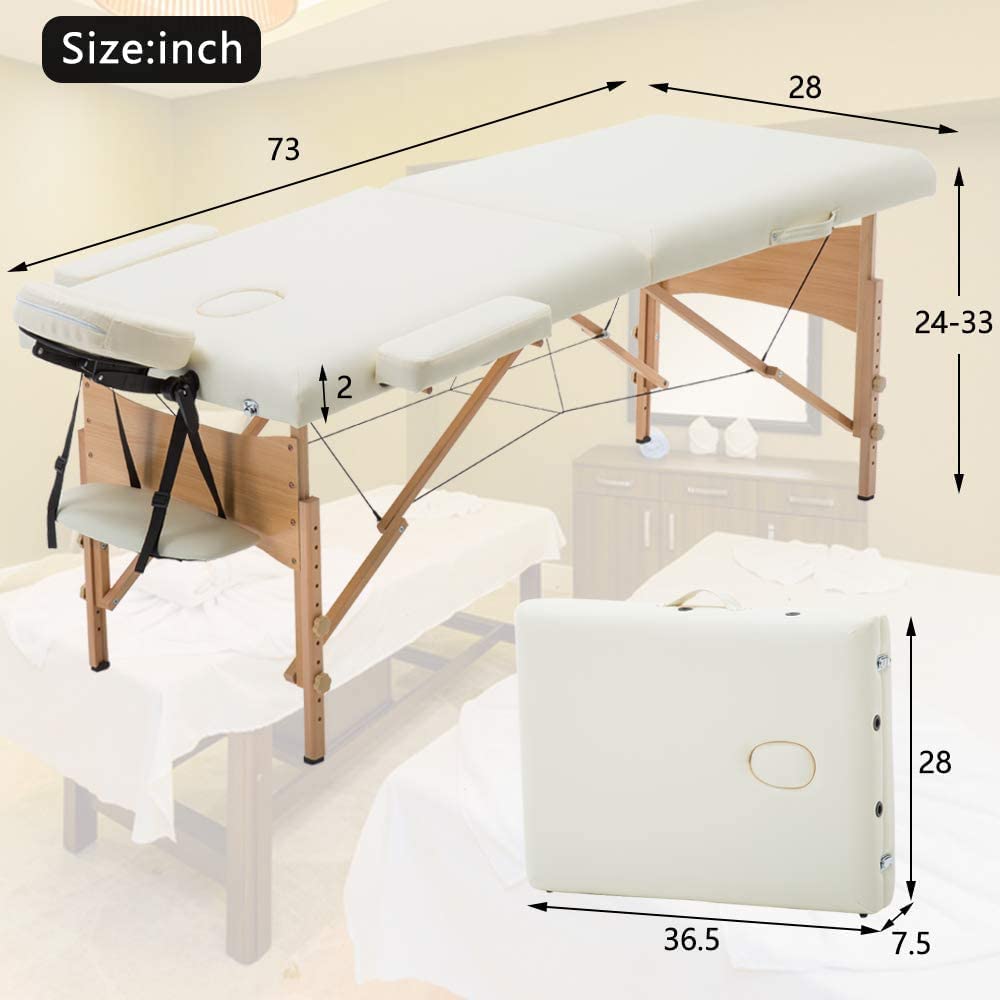 LA PERLA TECH Massage Table Massage Bed Spa Bed 73 Inches Long Portable 2 Folding W/Carry Case Table Height Adjustable Salon Bed Face Cradle Bed Color : Beige,