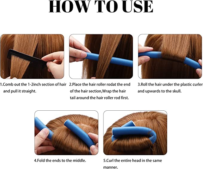 Flexible Curling Rods Foam Hair Curling Rods Soft Bendy Hair Rollers No Heat Hair Curling rods For Spiral Wavy Hair With Steel Rat Tail Comb 10 PICS