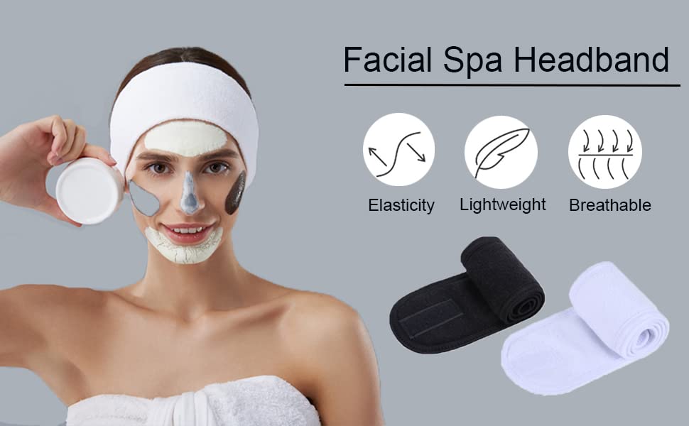 4 Adjustable Spa Facial Headbands Terry Cloth Stretch Make Up Wrap for Face Washing, Shower, Facial Mask, Yoga, Sport Headband with Magic Tape