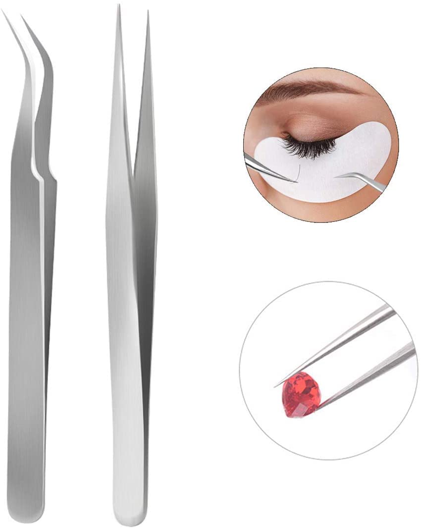 LA PERLA TECH 2Pcs Professional Stainless Steel Nail Art Tweezers Curved Straight Tip False Eyelash Extension Nippers Clip Tweezers Set for Nail Art Sticker