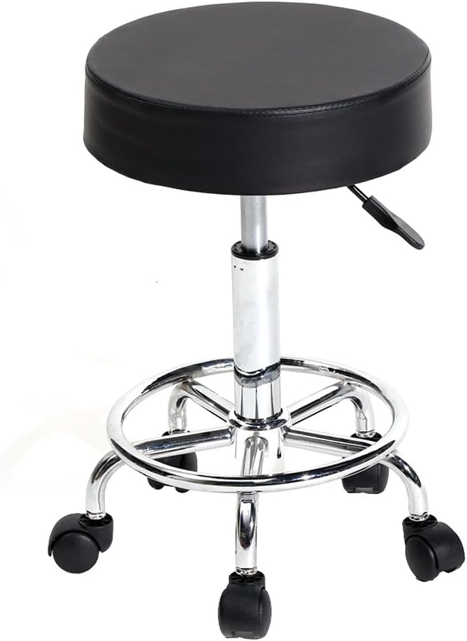 Round Rolling Stool Chair PU Leather Height Adjustable Swivel Drafting Work SPA Shop Salon Stools with Wheels Office Chair-Clinic (Black)