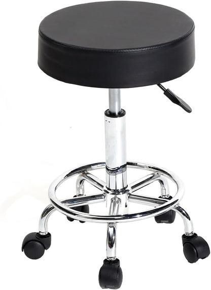 Round Rolling Stool Chair PU Leather Height Adjustable Swivel Drafting Work SPA Shop Salon Stools with Wheels Office Chair-Clinic (Black)