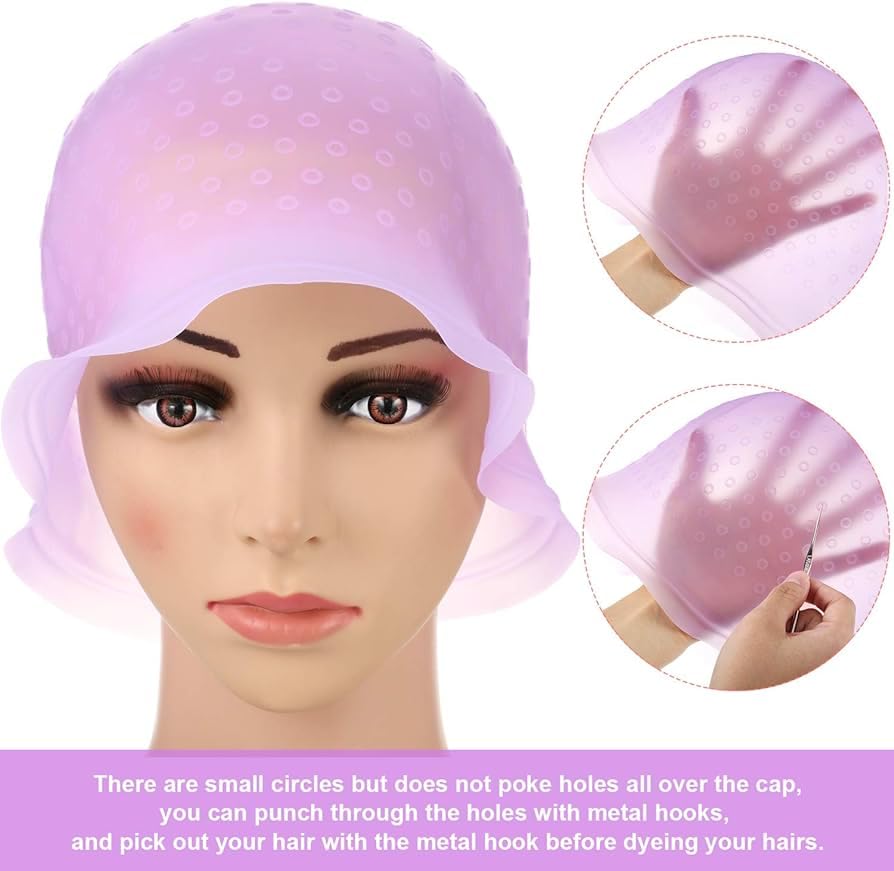 Silicone Highlight Cap Reusable Highlight Hair Cap Salon Hair Coloring Dye Cap with Hooks for Women Girls (Purple)