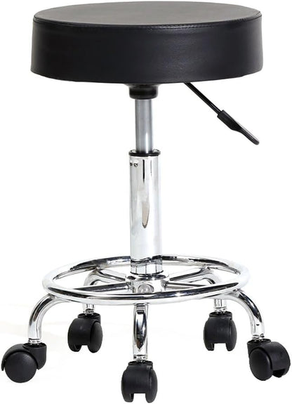 Round Rolling Stool Chair PU Leather Height Adjustable Swivel Drafting Work SPA Shop Salon Stools with Wheels Office Chair-Clinic (Black)