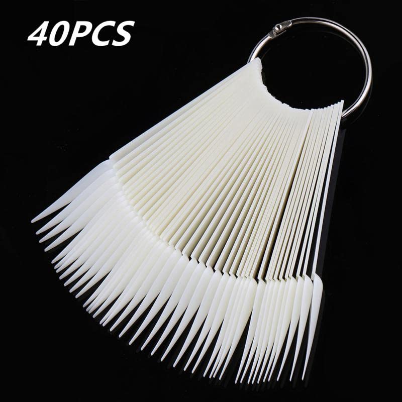 40 Tips Fan Shape Plastic Nail Art Tips Display Polish Board Display Practice Sticks with Metal Split Ring Holder