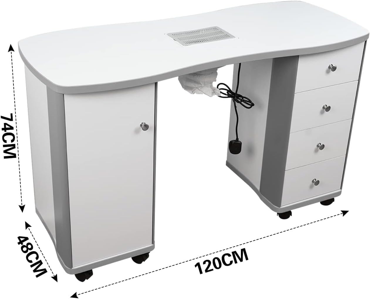 LA PERLA TECH Manicure Table Nail Desk with Dust Collector Professional Nail Table for nician Spa Salon Workstation, Wrist Pad Lockable Wheels, Cabinet, Drawers