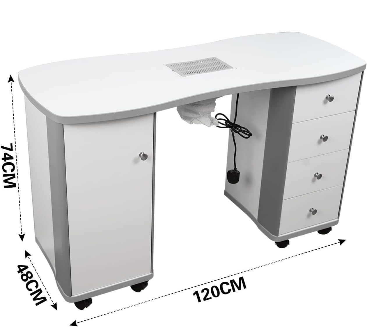 LA PERLA TECH Manicure Table Nail Desk with Dust Collector Professional Nail Table for nician Spa Salon Workstation, Wrist Pad Lockable Wheels, Cabinet, Drawers