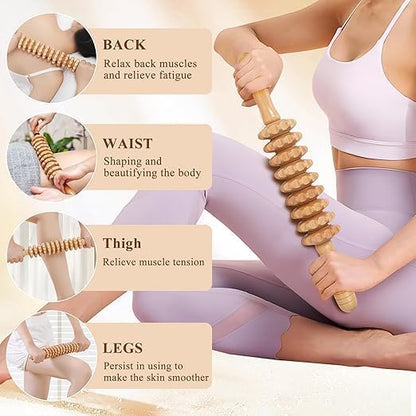 عصا تدليك خشبية لتخفيف الام العضلات، تدليك الجسم،  4 مناطق مستهدفة Wooden Massage Roller Stick for Muscle Pain Relief, Body Massage