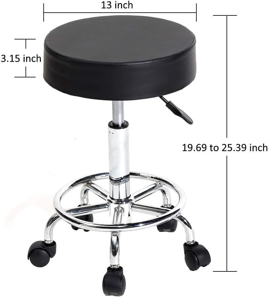 Round Rolling Stool Chair PU Leather Height Adjustable Swivel Drafting Work SPA Shop Salon Stools with Wheels Office Chair-Clinic (Black)