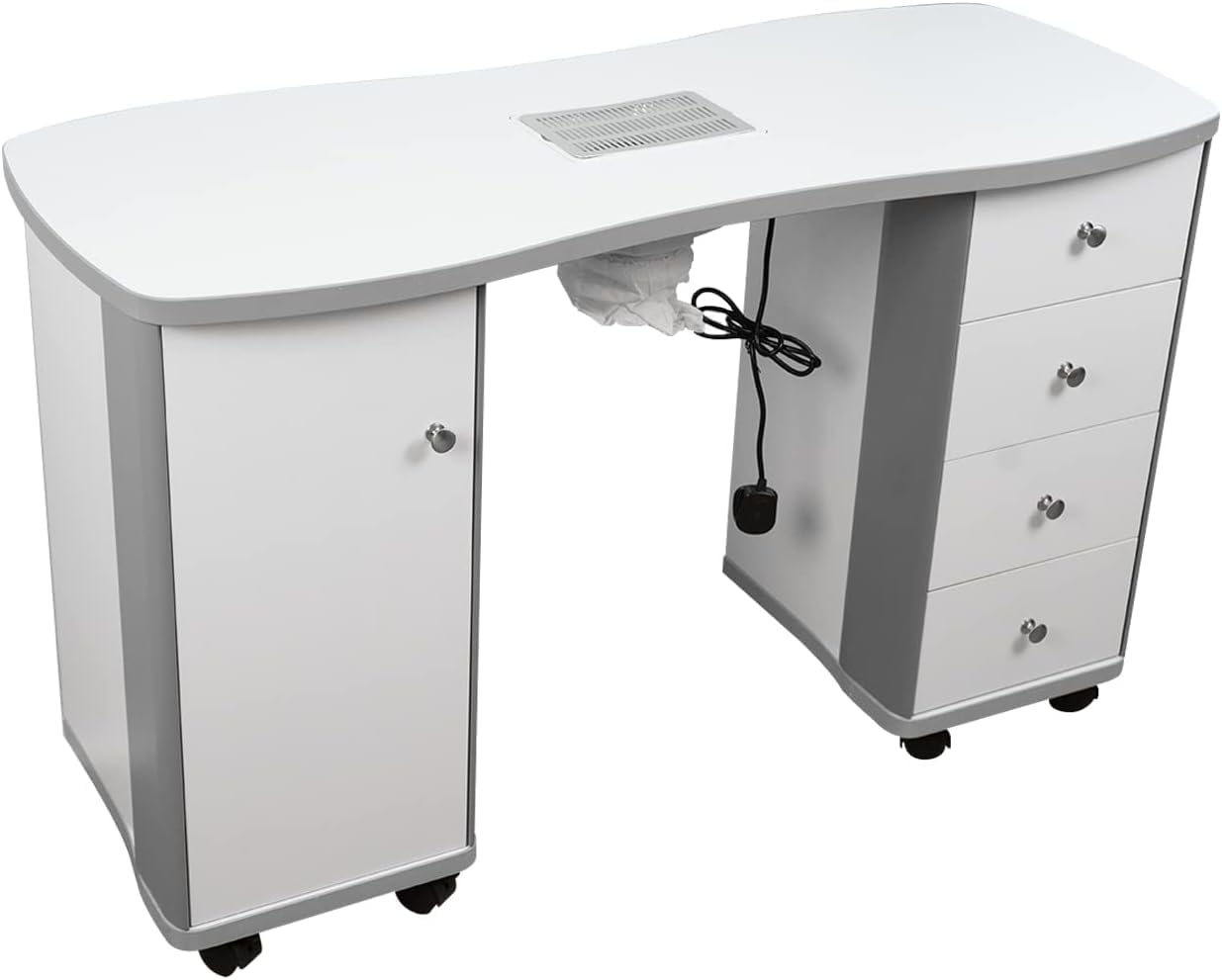 LA PERLA TECH Manicure Table Nail Desk with Dust Collector Professional Nail Table for nician Spa Salon Workstation, Wrist Pad Lockable Wheels, Cabinet, Drawers