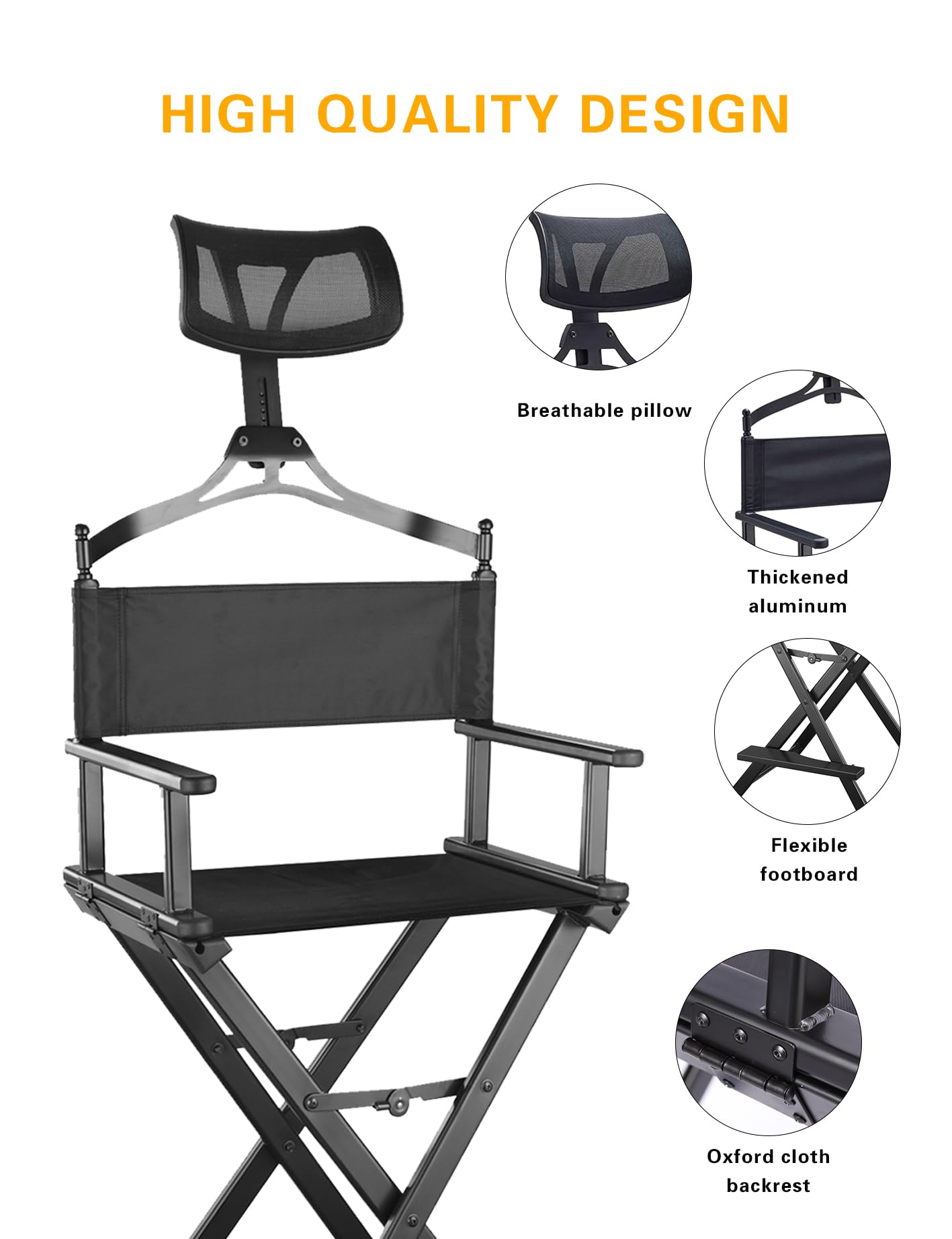 Lightweight Portable Aluminum Director Chair for Makeup Artists and Directors - Foldable, Height Adjustable with Head Rest, for Studio, Salon, Outdoor Events