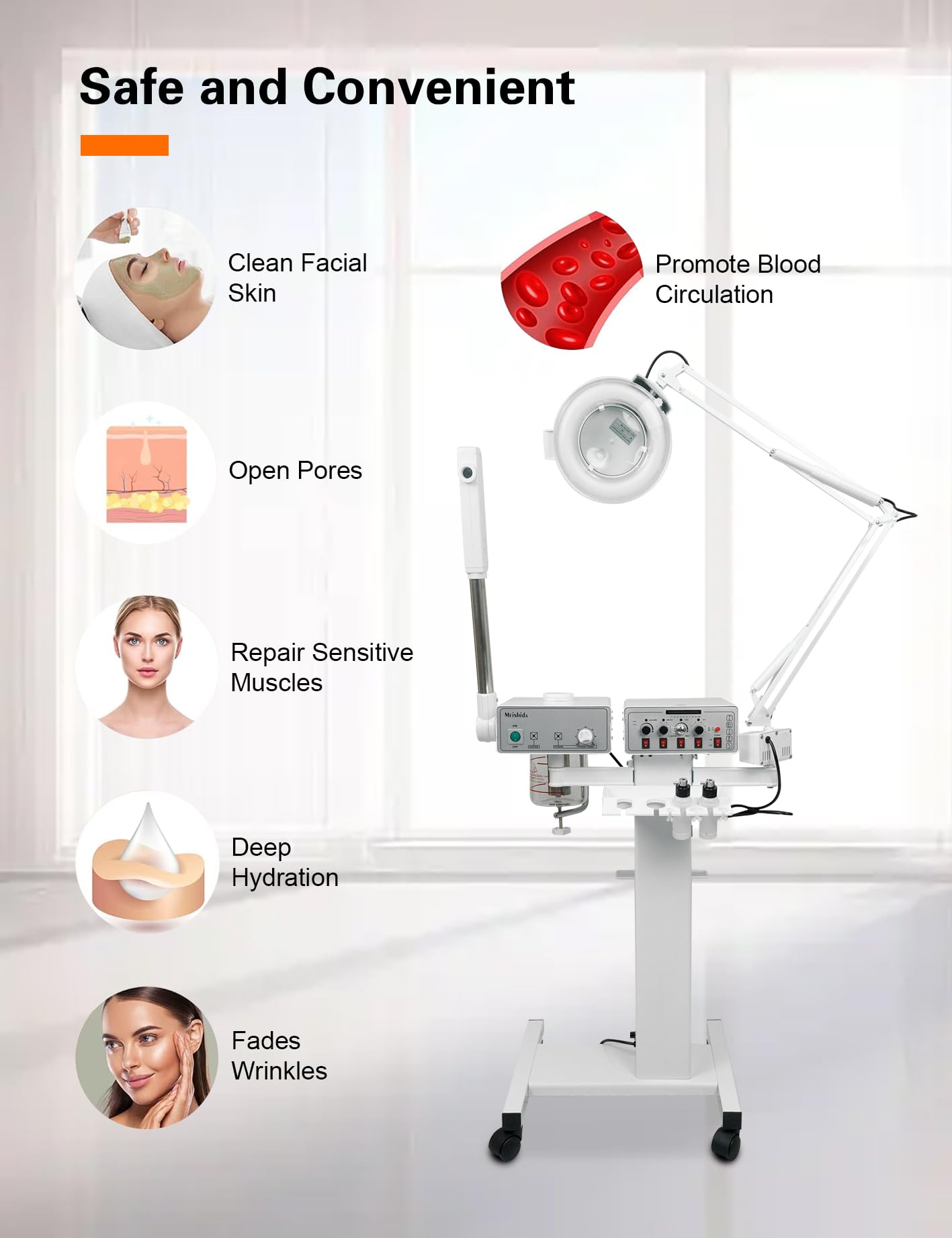 Beauty Spa Salon Skin Care Facial Cleansing and Hydrating Equipment: Herbal Facial Vapor Steamer Electronics with High-Frequency Galvanic, Facial Brush, Vacuum, Spray, Woods Lamp