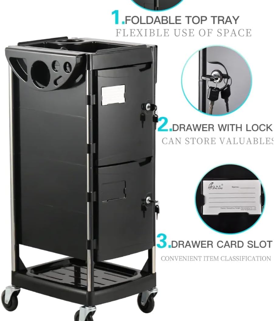 Professional Rolling Beauty Salon Trolley Cart, Lockable Styling Station with 2 Doors, Storage Cabinet, Hair Dryer Holder