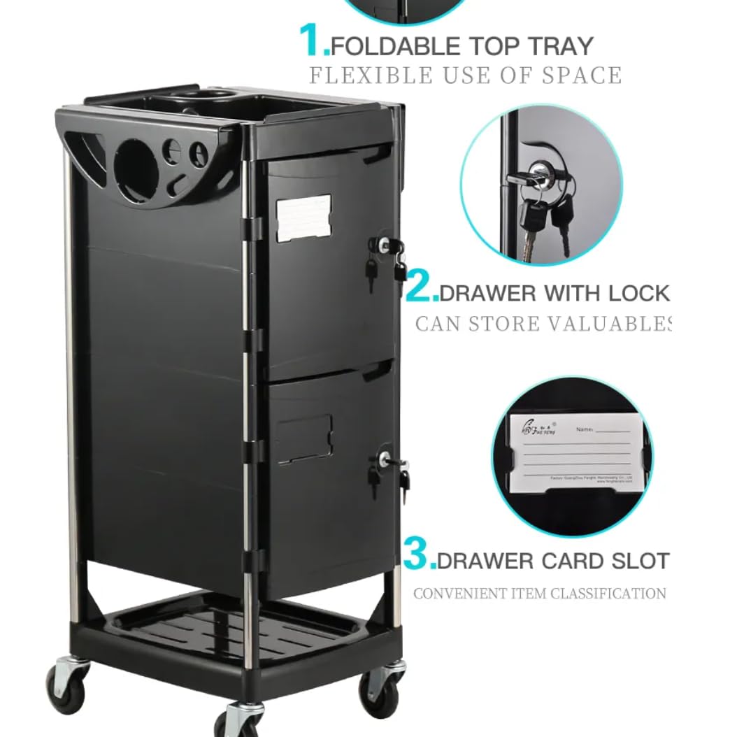 Professional Rolling Beauty Salon Trolley Cart, Lockable Styling Station with 2 Doors, Storage Cabinet, Hair Dryer Holder