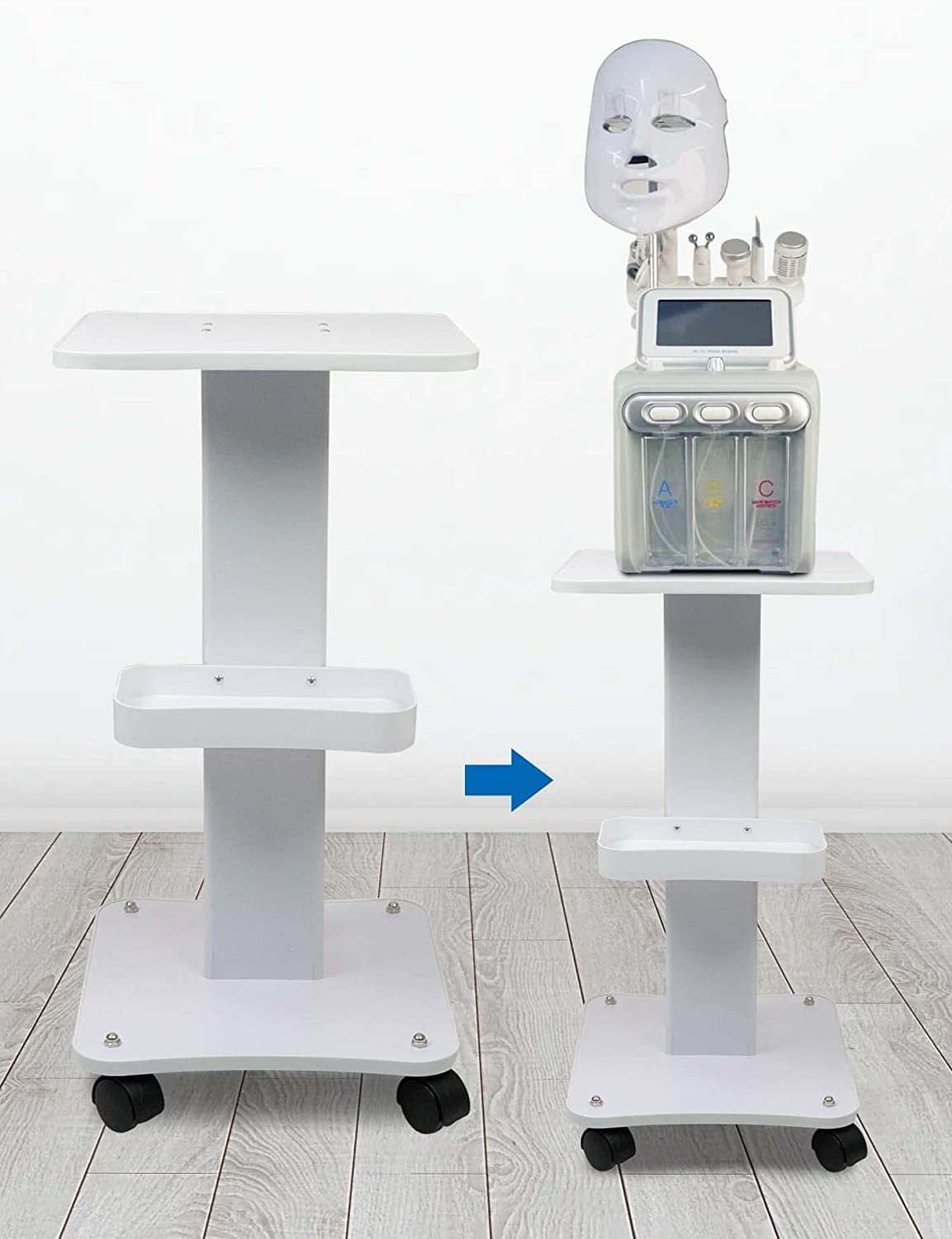 Hydra Facial Beauty Machine Cart Rolling Trolley White Stand Wooden Tray Aluminum Alloy Frame 360° Free Rotation for Beauty Clinic Salon Spa Equipment