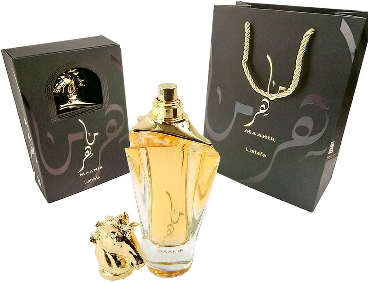 بخاخ او دي بارفان ماهر للجنسين من لطافة، 3.4 اونصة Lattafa Maahir for Unisex Eau de Parfum Spray, 3.4 Ounce