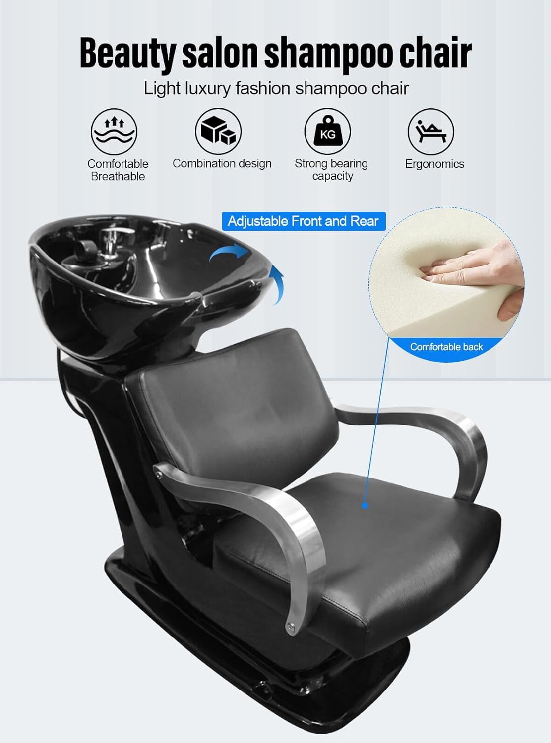 LA PERLA TECH Shampoo Chair Adjustable Ceramic Shampoo Bowl Backwash Chair, Salon Sink Hair Wash Station with Comfort Recline & Multi-Function Design for Barber Sho