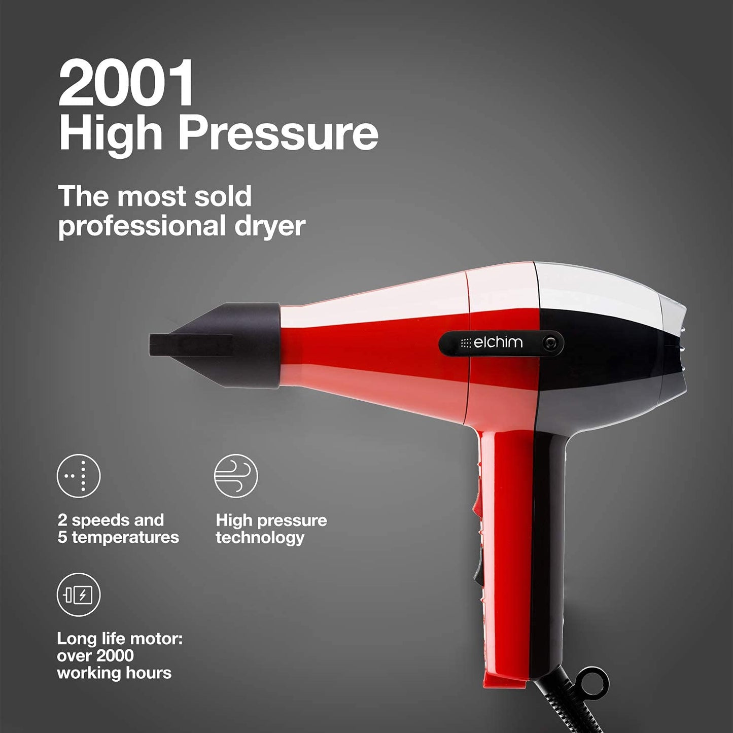 ELCHIM 2001 High Pressure Professional Hair Dryer - Red/Black, 1 Count (Pack of 1)