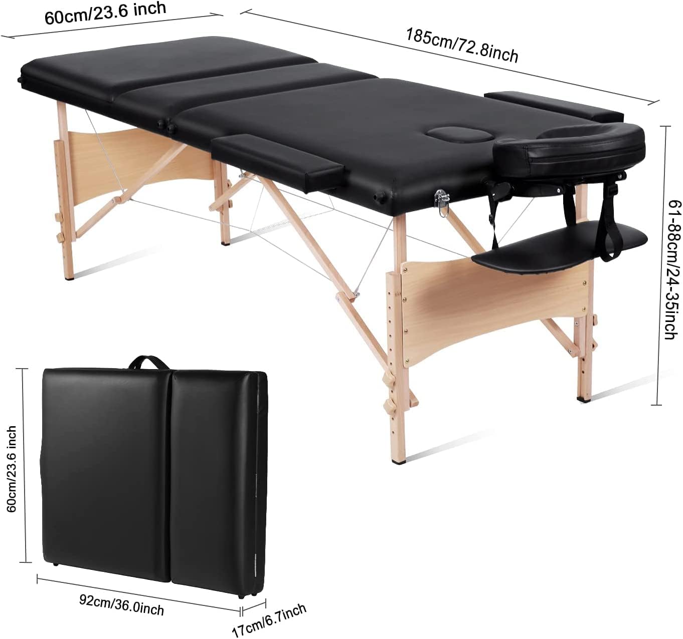 Profrssional Portable 3 Folding Massage Table Adjustable Height with Carry Case load capacity 250 KG