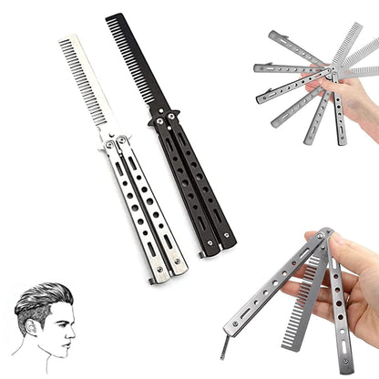 LA PERLA TECH 2 Pieces, Butterfly Comb, Stainless Steel Foldable Pocket Comb, Spring Hair Comb for Hair, Barber Comb, Hair Styling Accessories (Silver, Black)