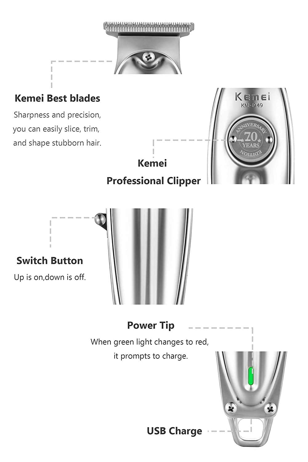 Kemei Original KM-1949 Professional Rechargeable and Cordless Hair Clipper Runtime: 120 min Trimmer for Men (Silver)