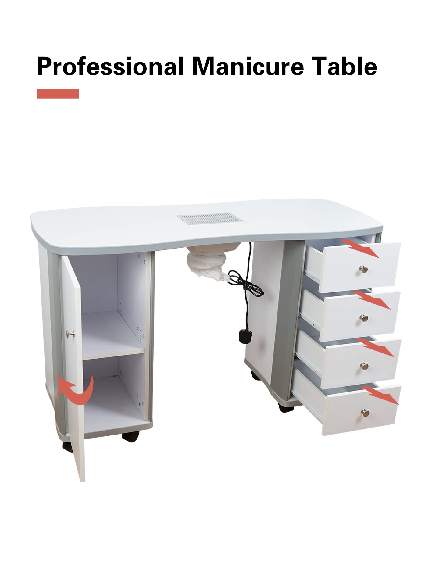 MEISHIDA Manicure Table Nail Desk with Dust Collector Professional Nail Tech Table for Technician Spa Salon Workstation, Wrist Pad Lockable Wheels, w/Cabinet, Drawers