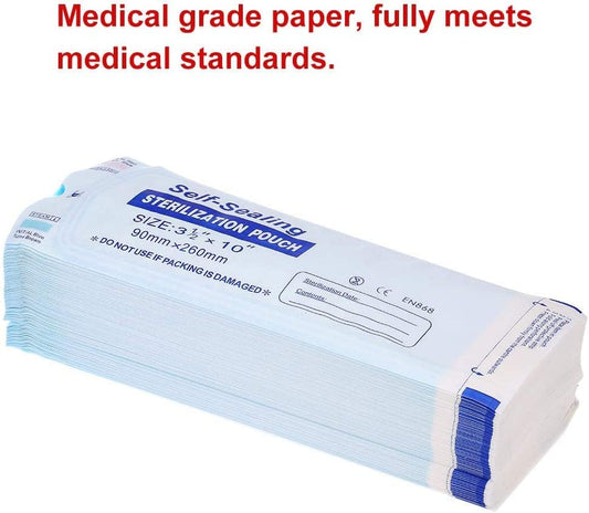 Grade Paper Disposable Self Sealing Sterilization Pouch (Pack of 200 Pieces, 260 x 90mm) Medical-Salon-Home Use