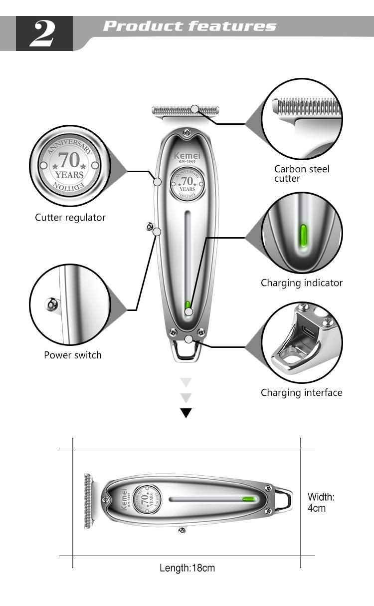 Kemei Original KM-1949 Professional Rechargeable and Cordless Hair Clipper Runtime: 120 min Trimmer for Men (Silver)