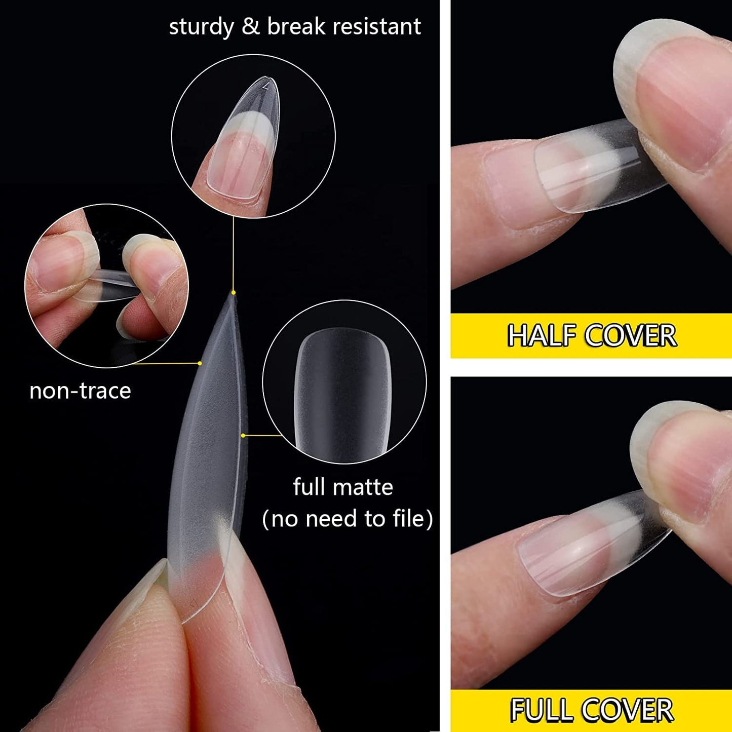 Almond Nail Tips Medium, Pre-Shape False Nails Full Cover Clear for Acrylic Nail Extensions, 10 Sizes 500 Pics