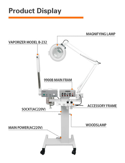 Beauty Spa Salon Skin Care Facial Cleansing and Hydrating Equipment: Herbal Facial Vapor Steamer Electronics with High-Frequency Galvanic, Facial Brush, Vacuum, Spray, Woods Lamp