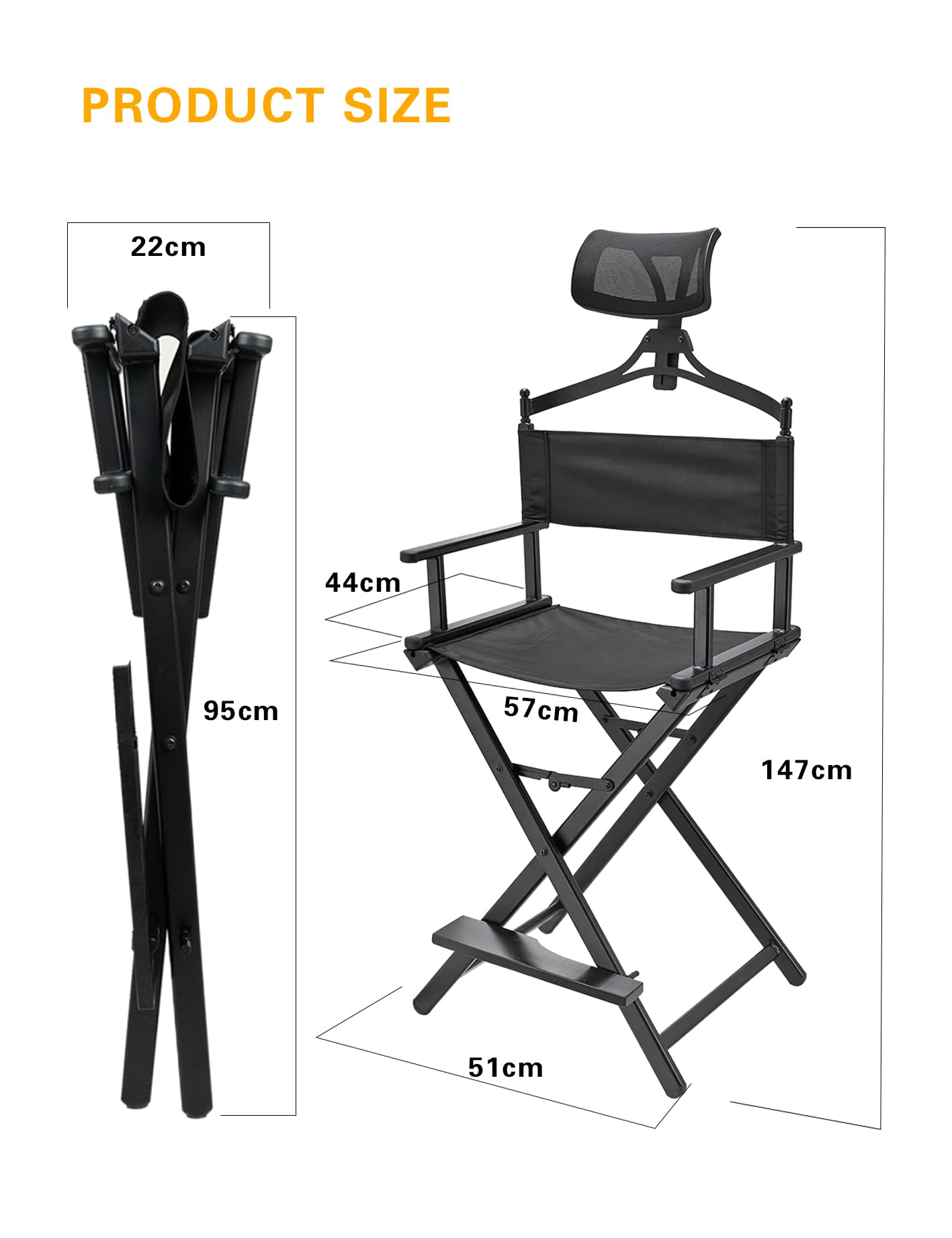 Lightweight Portable Aluminum Director Chair for Makeup Artists and Directors - Foldable, Height Adjustable with Head Rest, for Studio, Salon, Outdoor Events