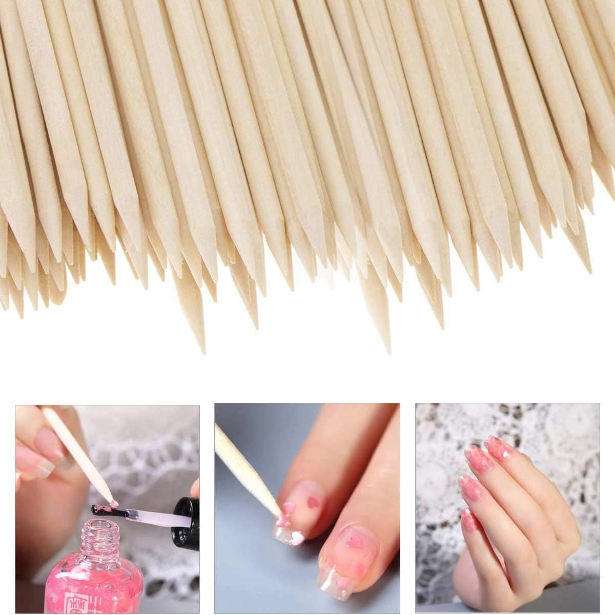 Onwon 100 Pieces Orange Wood Sticks - Double Sided Nail Art Multi-Functional Cuticle Pusher Remover, Clean Nail Polish - 110mm Pointed End & Flat End Manicure Pedicure Tool