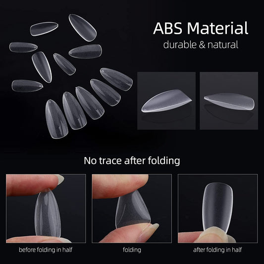 Almond Nail Tips Medium, Pre-Shape False Nails Full Cover Clear for Acrylic Nail Extensions, 10 Sizes 500 Pics