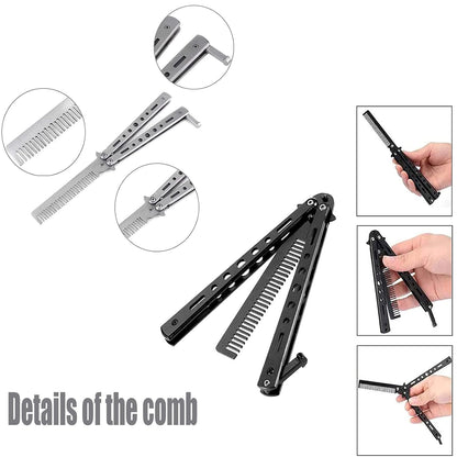 LA PERLA TECH 2 Pieces, Butterfly Comb, Stainless Steel Foldable Pocket Comb, Spring Hair Comb for Hair, Barber Comb, Hair Styling Accessories (Silver, Black)