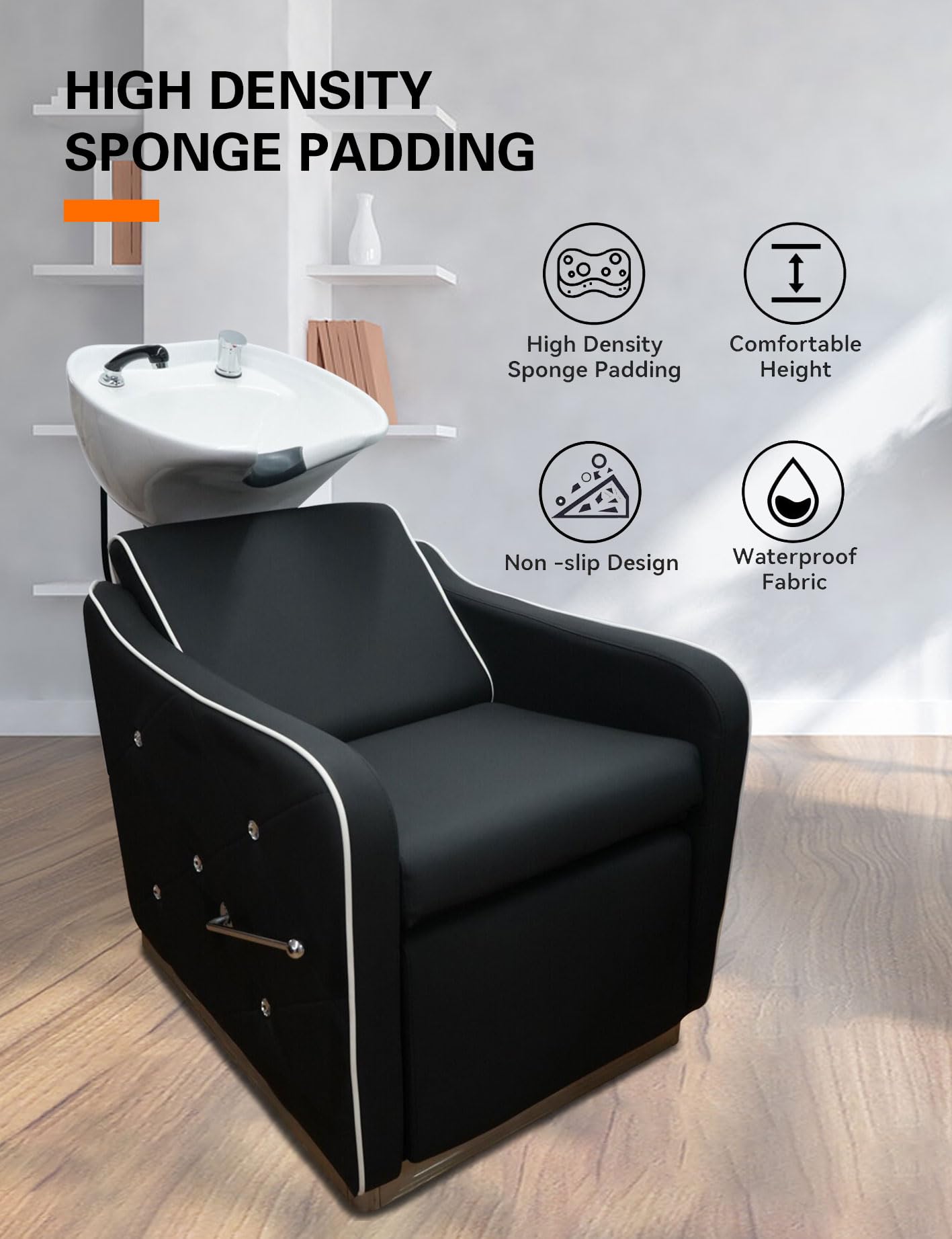 Shampoo Chair-Backwash Unit for Salon,Tilting Ceramic Sink Station,Multifunctional Shampoo Chair for Barbershop,Beauty,Salon,Spa(Black)