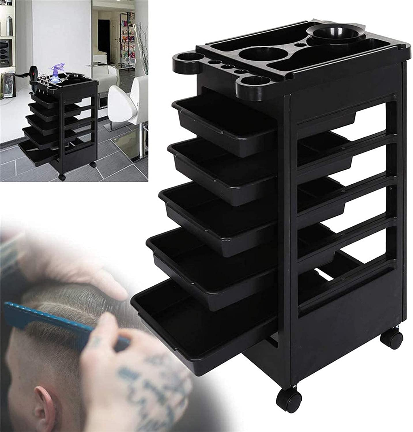 LA PERLA TECH 5- Drawer Black Salon -Barber Hairdressing Trolley Storage Trolley - Wheels for Salon Beauty Massage Spa Black