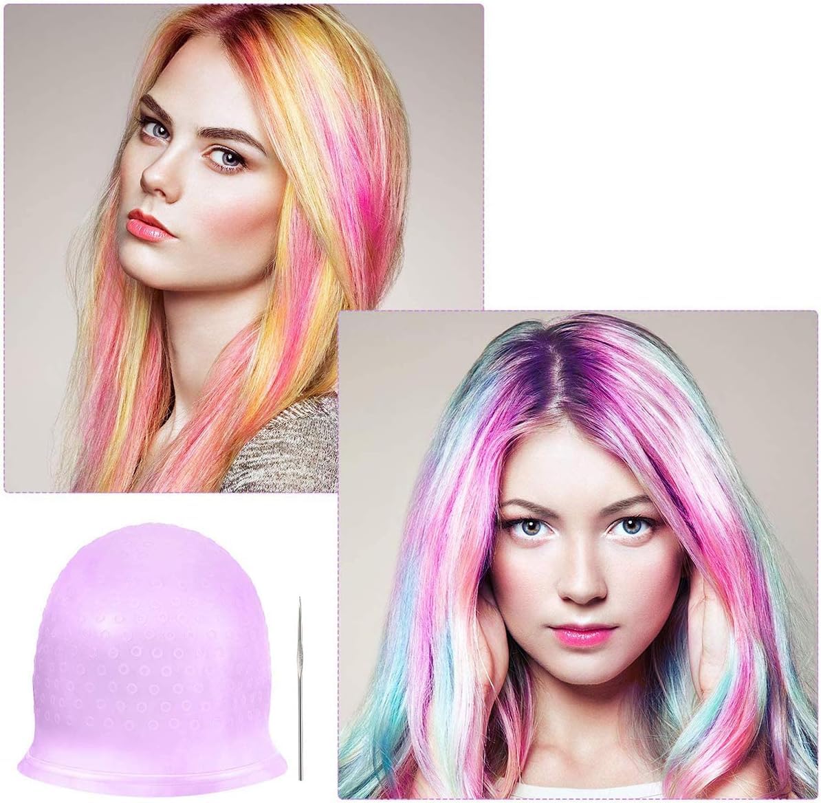 Silicone Highlight Cap Reusable Highlight Hair Cap Salon Hair Coloring Dye Cap with Hooks for Women Girls (Purple)