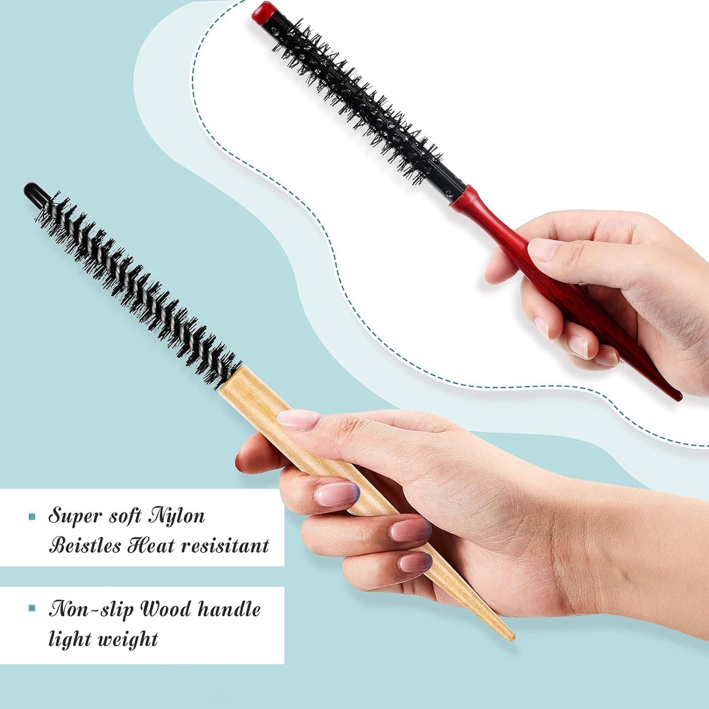 Small Round Hair Brush Mini Round Wood Brush Roller Hair Combs Nylon Bristles Hair Brushes Hairdressing Brushes for Blow Drying Curly Hair Styling Bangs Lifting Beard Care,2 Pcs