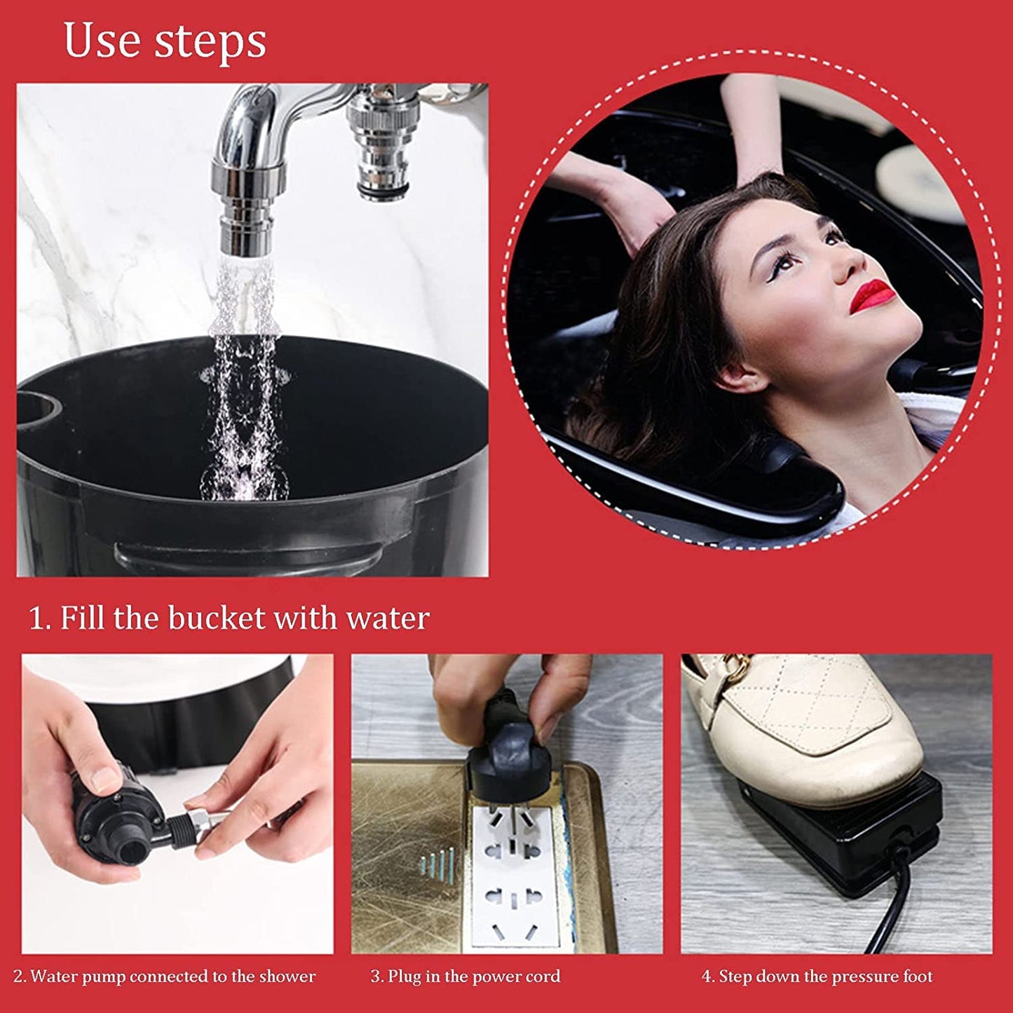 LA PERLA TECH Portable Hairdressing Salon Wash Basin with Electric Pump, Height Adjustable Hair Washing Sink, Shampoo Bowl for Elder/Pregnant Women, Hair Wash Tray with 2 Buckets and Drain Hoses