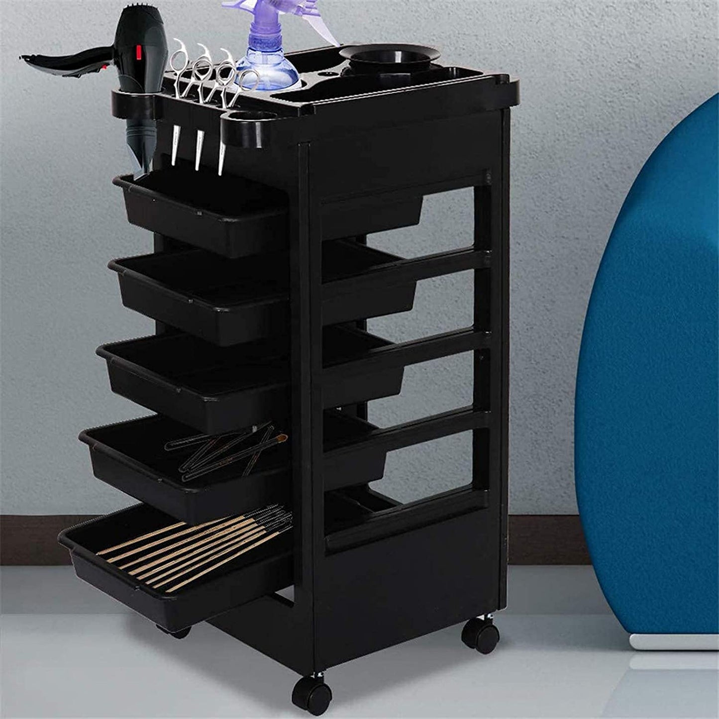 LA PERLA TECH 5- Drawer Black Salon -Barber Hairdressing Trolley Storage Trolley - Wheels for Salon Beauty Massage Spa Black