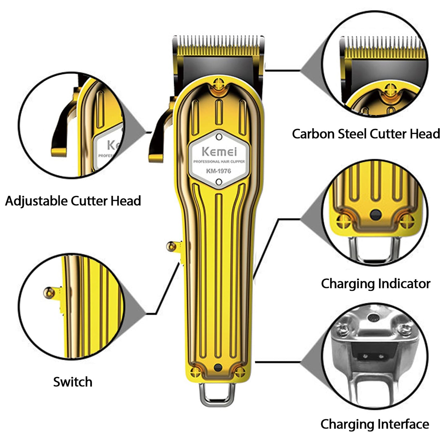 KEMEI 1976 Hair Clippers for Men Professional, Cordless Hair Trimmers Grooming Kit Wet/Dry Clippers USB Rechargeable Beard Trimmer Haircut Set for Home Use & Barbers, KM 1976 Gold