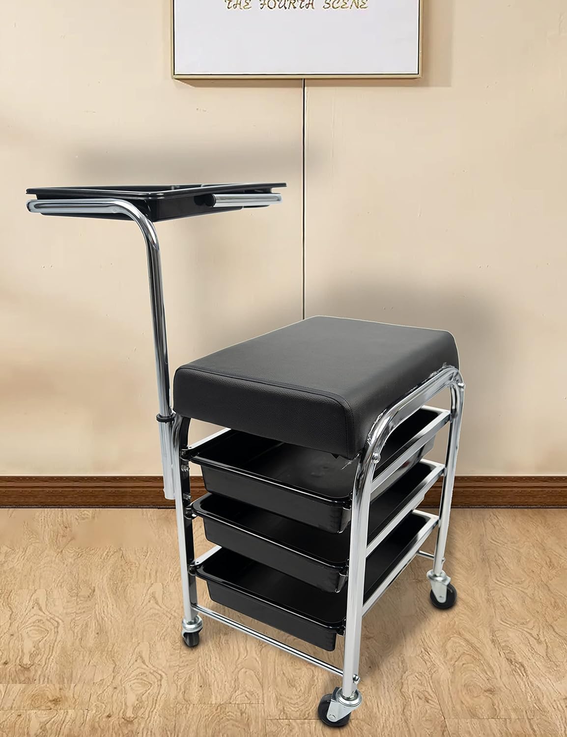 Rolling Cart Professional Manicure Pedicure Carriage Rolling Stool with Drawers Beauty Salon Trolley Chair Stool Black Salon Furniture